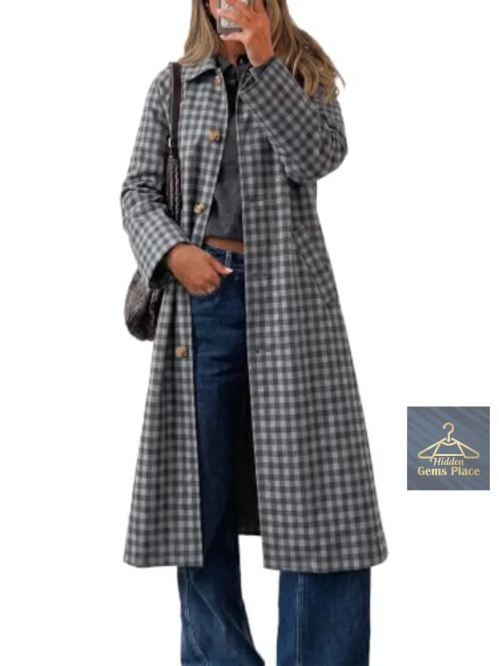Women's Plaid Trench Coat Single Breasted Long Jacket Fall